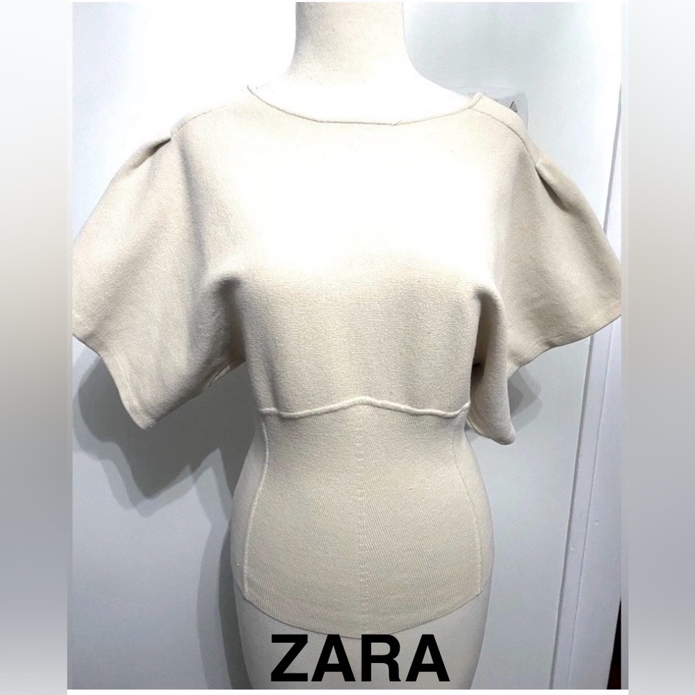 ZARA Beige Knit Corset Style Sweater with Oversized Sleeves - Size S